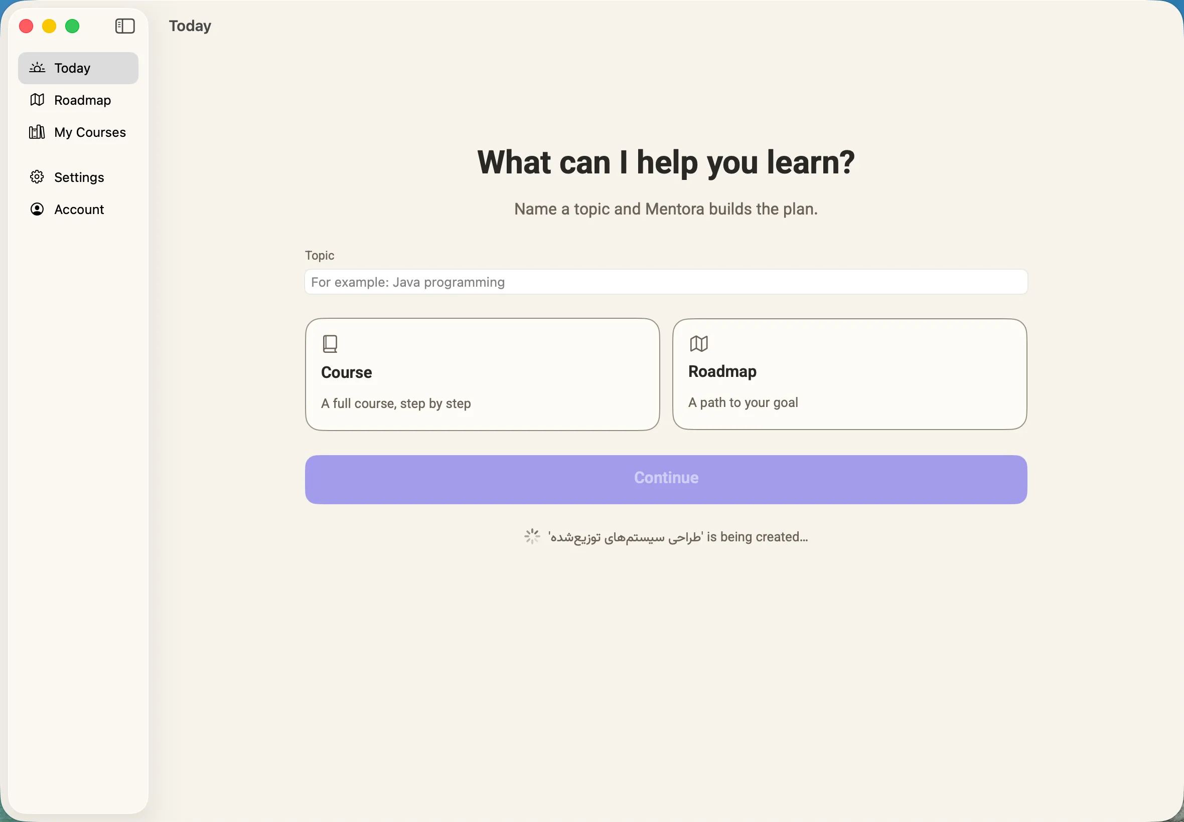 Mentora's Today screen on Mac, building a Distributed Systems Design roadmap